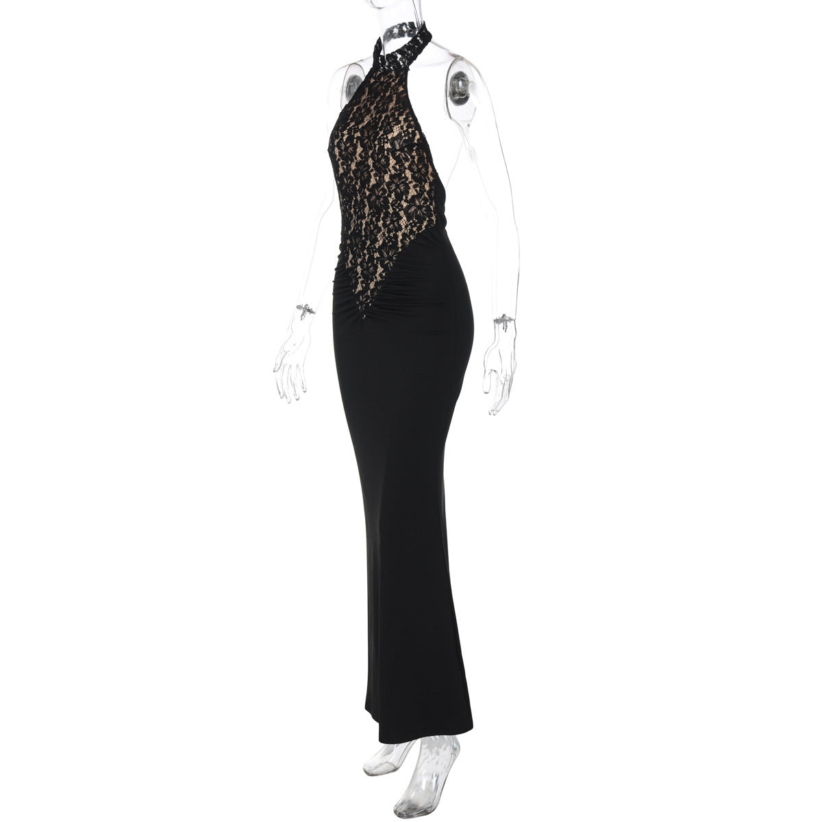 Halter Floral Lace Panel Ruched Bodycon Dress 4