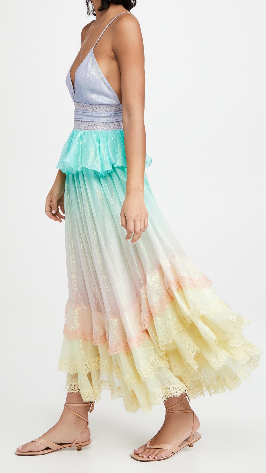 Metallic V-Neck Lace Trim Tiered Maxi Dress