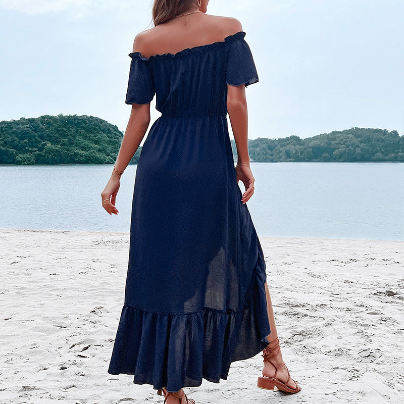 Off Shoulder Short Sleeve Button Front Ruffle Maxi Dress