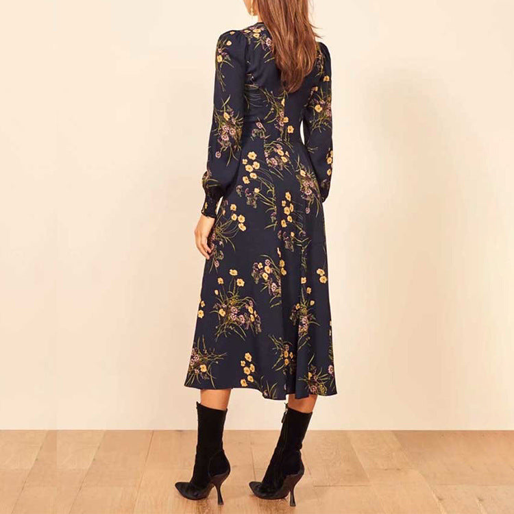 Floral Print Sweetheart Long Sleeve Slit Midi Dress