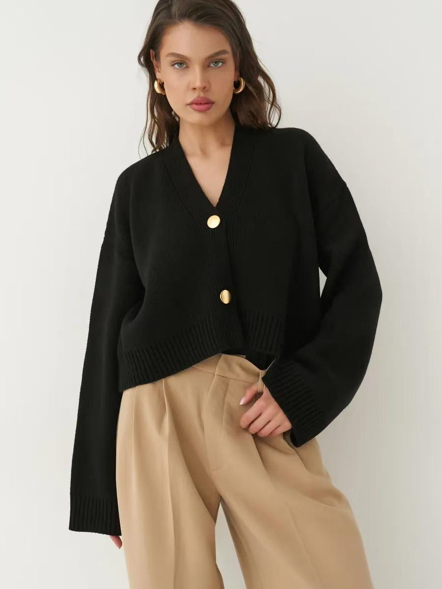 Chic Solid Color V-Neck Loose Knit Cardigan for All Seasons - Fashionpara