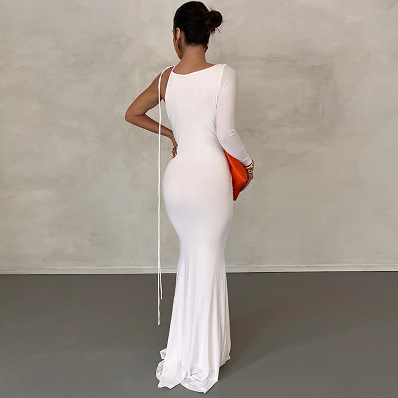 Cowl Neck One Shoulder Backless Draped Maxi Dress 7