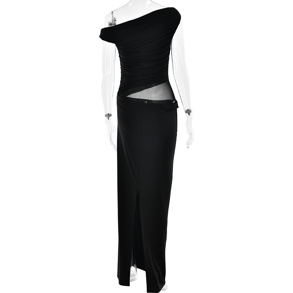 One-Shoulder Ruched Mesh-Cutout Column Maxi Gown 8