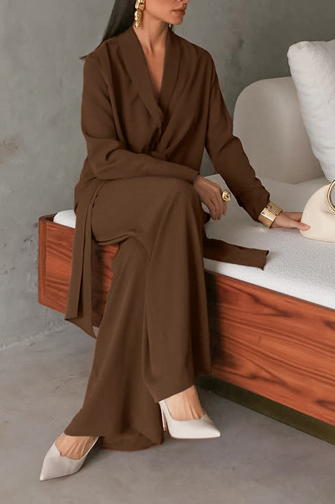 Chic Long-Sleeved V-Neck Tie Top and Wide-Leg Pants Set