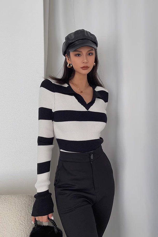 Ribbed Long Sleeve Striped Sweater for Effortless Style