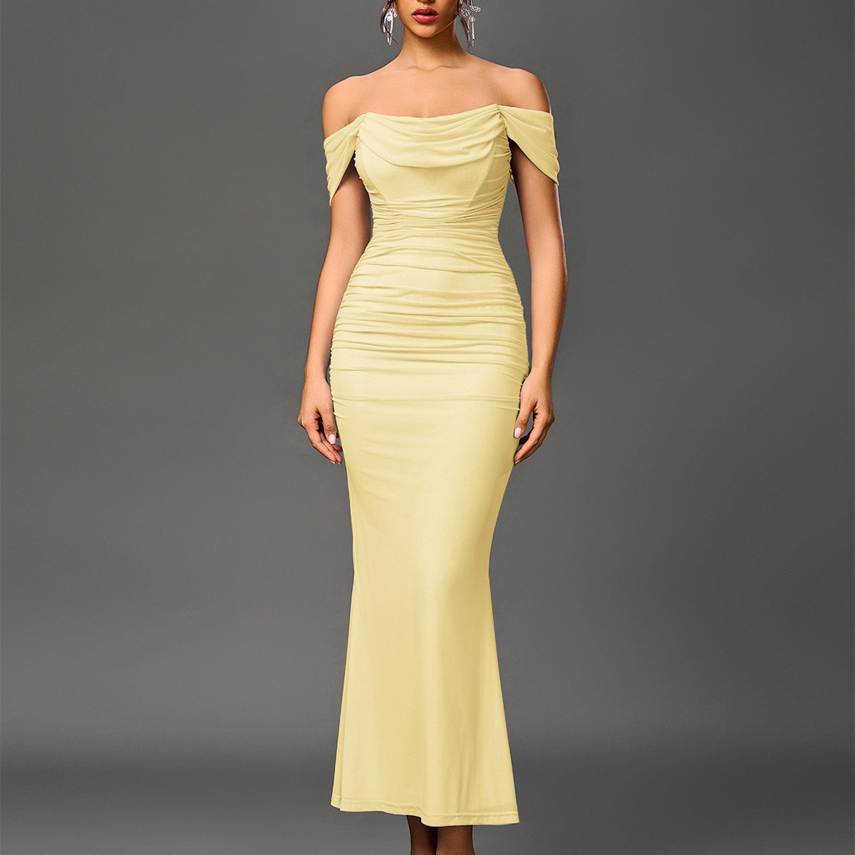 Off Shoulder Ruched Bodycon Mermaid Maxi Dress 16