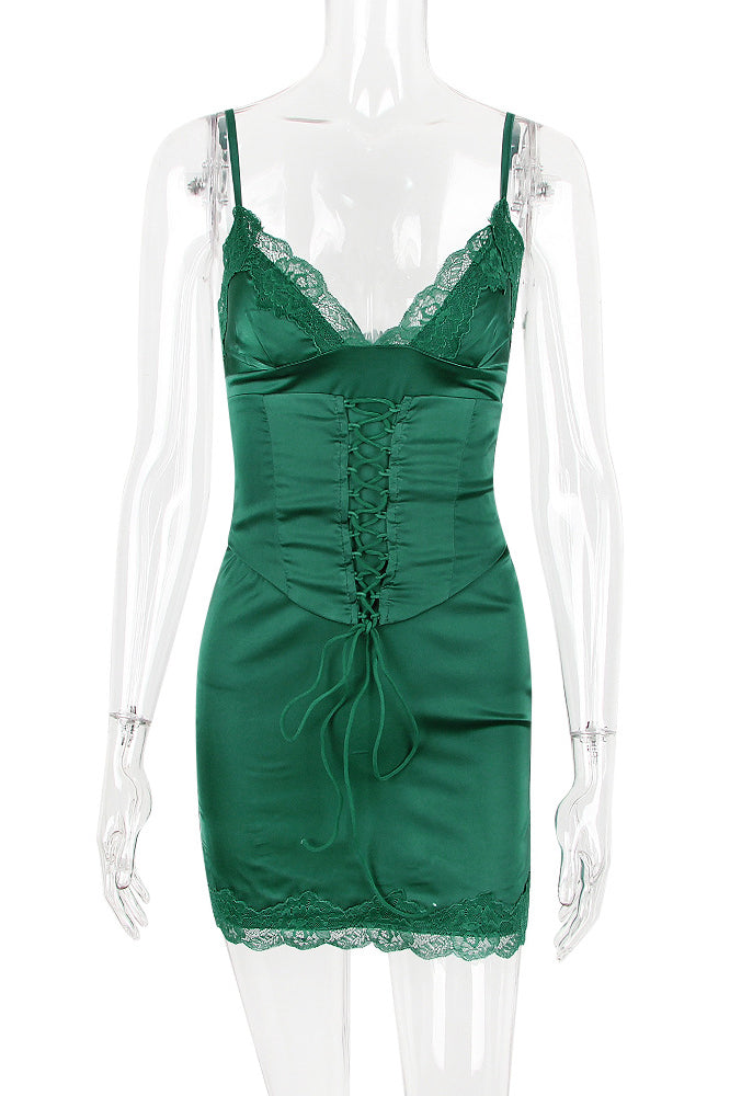 Club Lace Up Belt V Neck Lace Satin Slip Mini Dress - Emerald Green