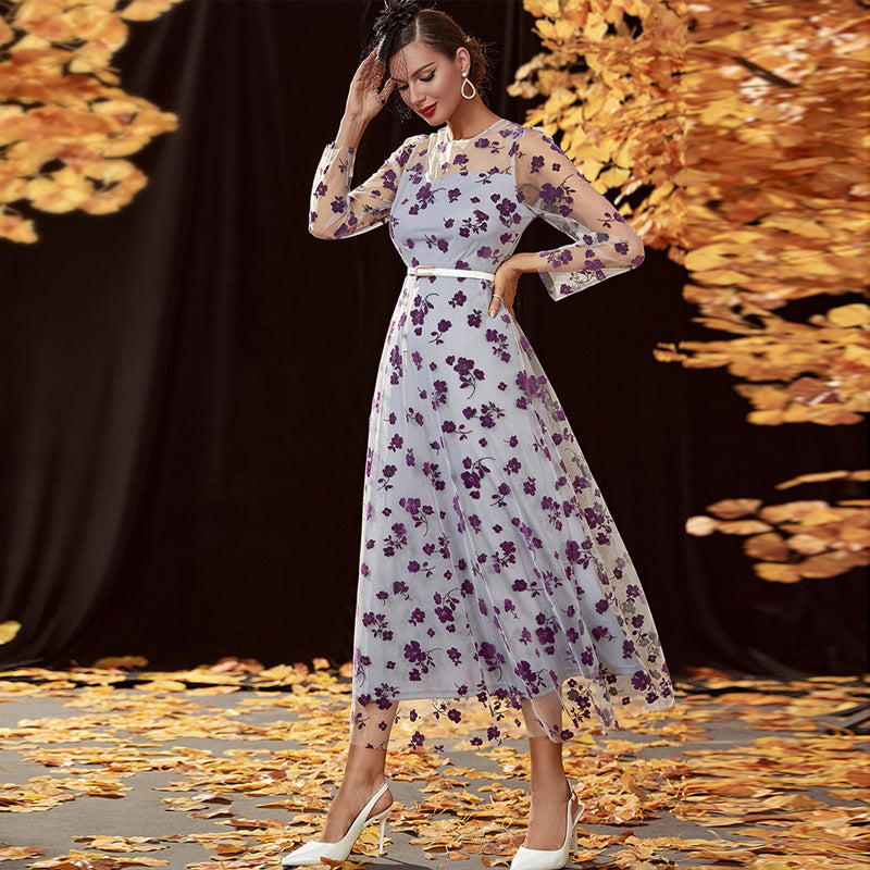 Lace Dress Round Neck Long Sleeve High Waist Swing Dress Maxi Dress - View 3