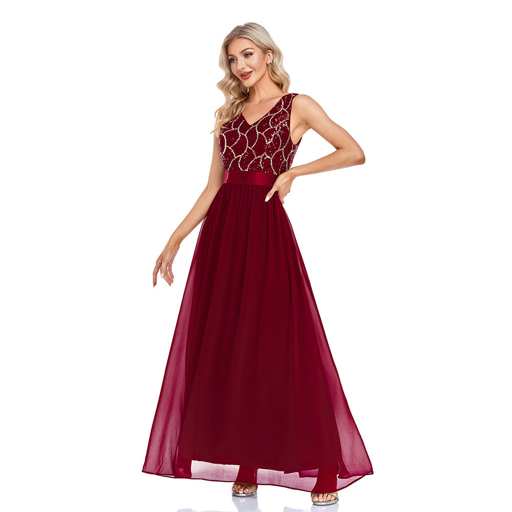 Sequin V-Neck Sleeveless Chiffon A-Line Maxi Gown - View 4