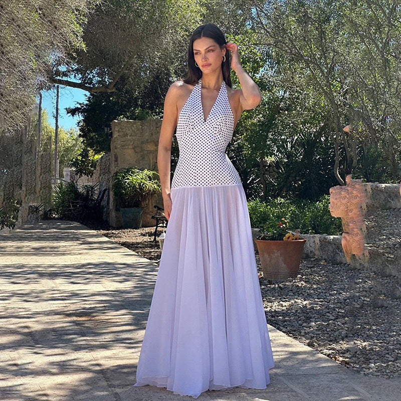 Personality Polka Dot Self Tie Halter V neck Backless Dress - Fashionpara