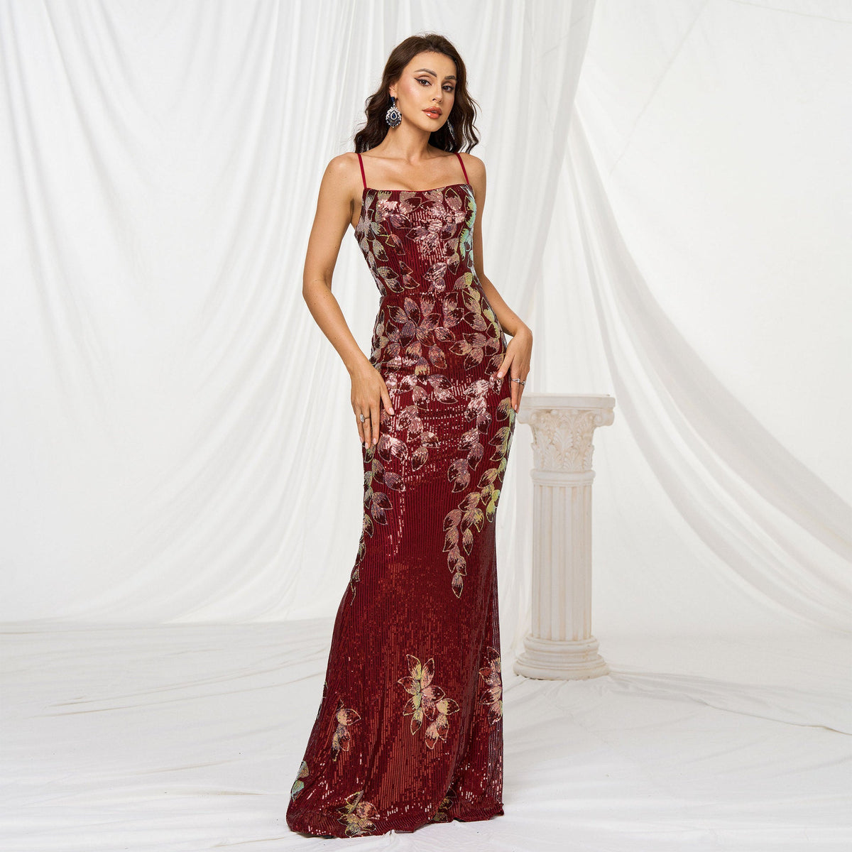 Floral Sequin Square-Neck Spaghetti-Strap Mermaid Gown 2