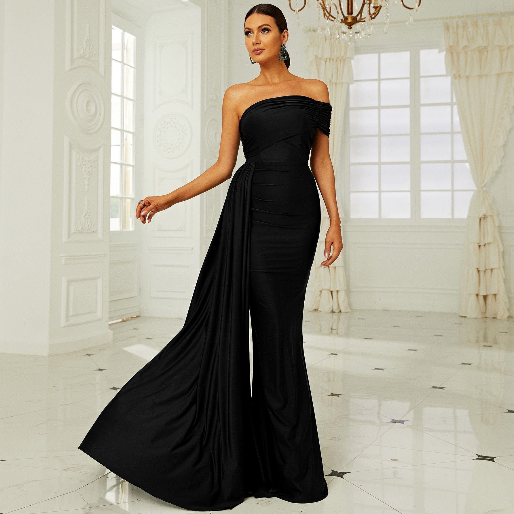 Chest Wrapped Elegant Boat Neck Long Cocktail Hip Wrapped Ribbon Evening Dress Bridesmaid Dress Dress - Fashionpara