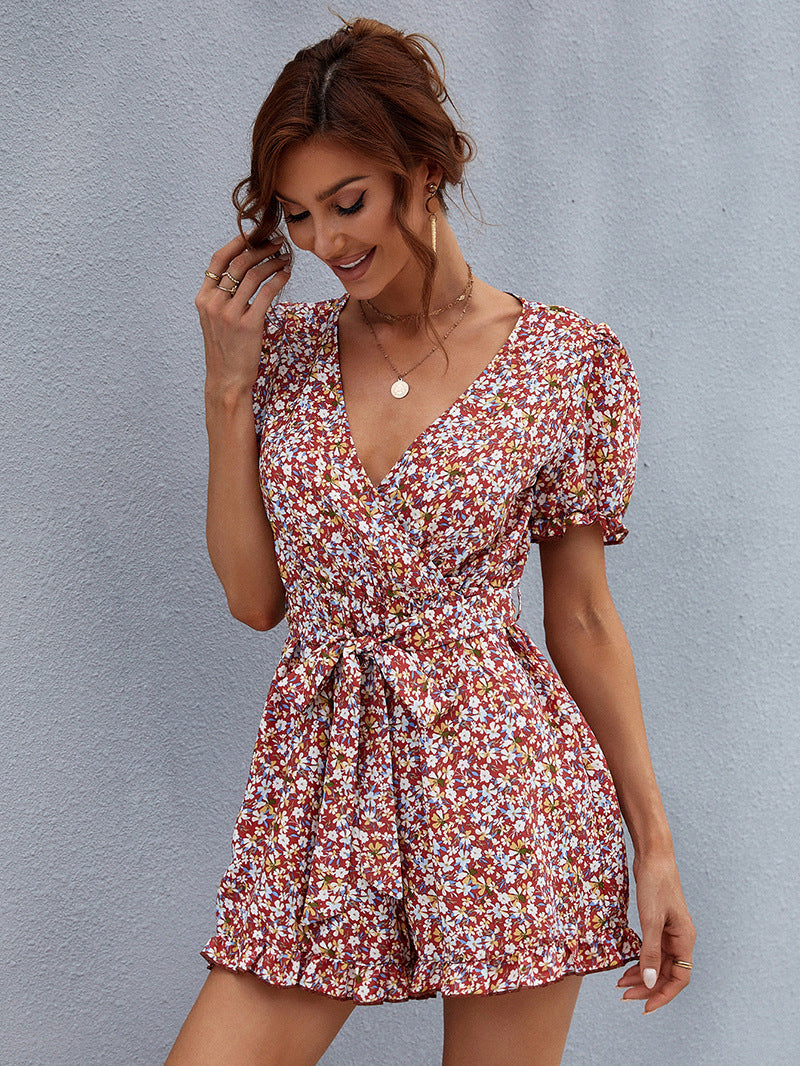 Floral Print V-Neck Short Sleeve Romper
