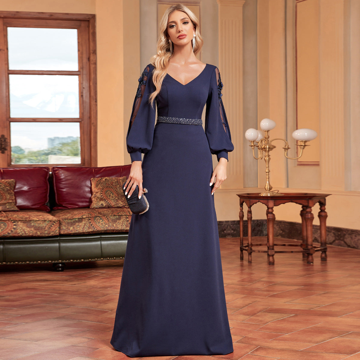 V-Neck Bishop Sleeve Beaded Waist Mermaid Maxi Evening Dress