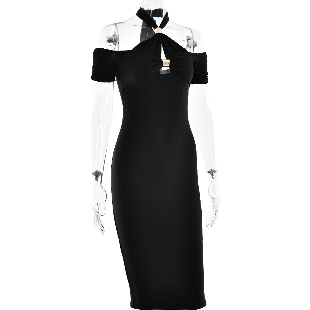 Off-Shoulder Halter Ring-Detail Cutout Bodycon Midi Dress 7