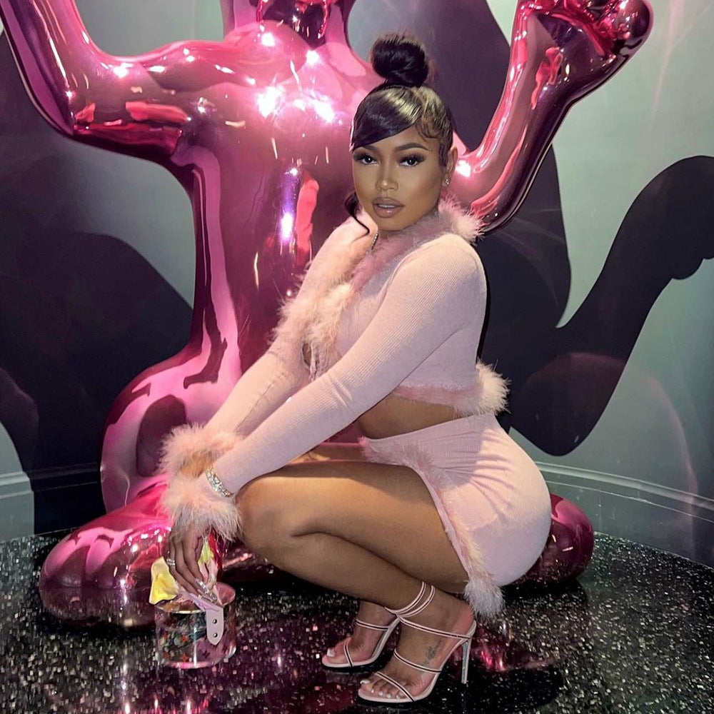 Feather Trim Satin Shirtdress - Fashionpara