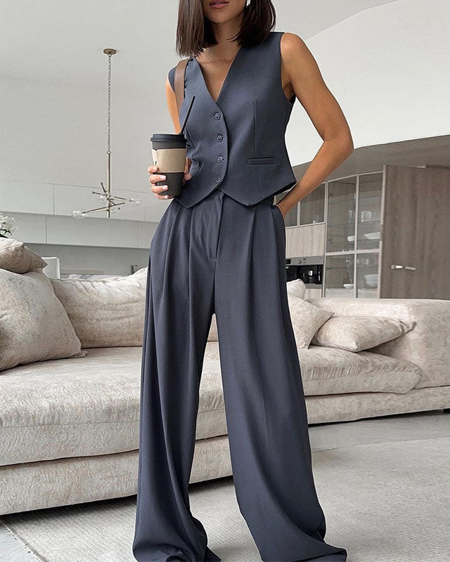 V-neck Sleeveless Coat with Wide-leg Trousers Set