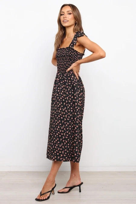 Ditsy Floral Square Neck Smocked Ruffle Strap Midi Dress