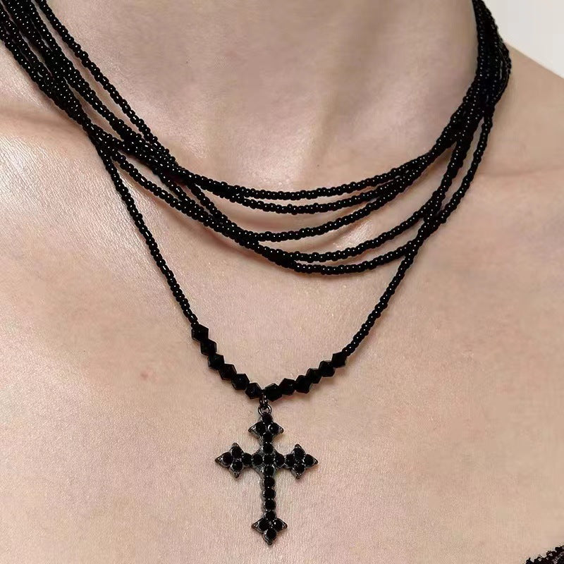 Retro Cross Layered Beaded Sweet Cool Punk Necklace Black Halloween