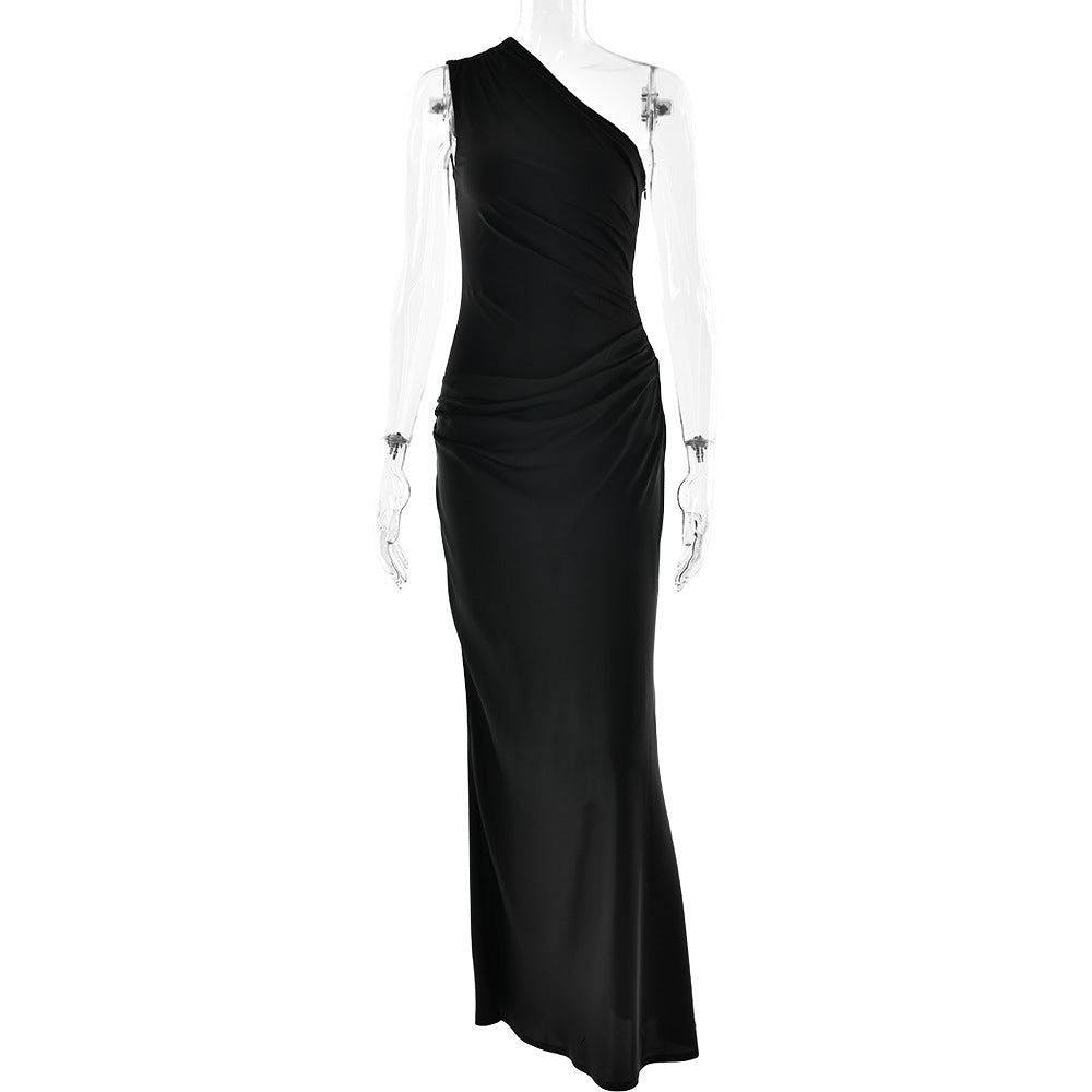 One-Shoulder Ruched Satin Bias Column Maxi Dress 10