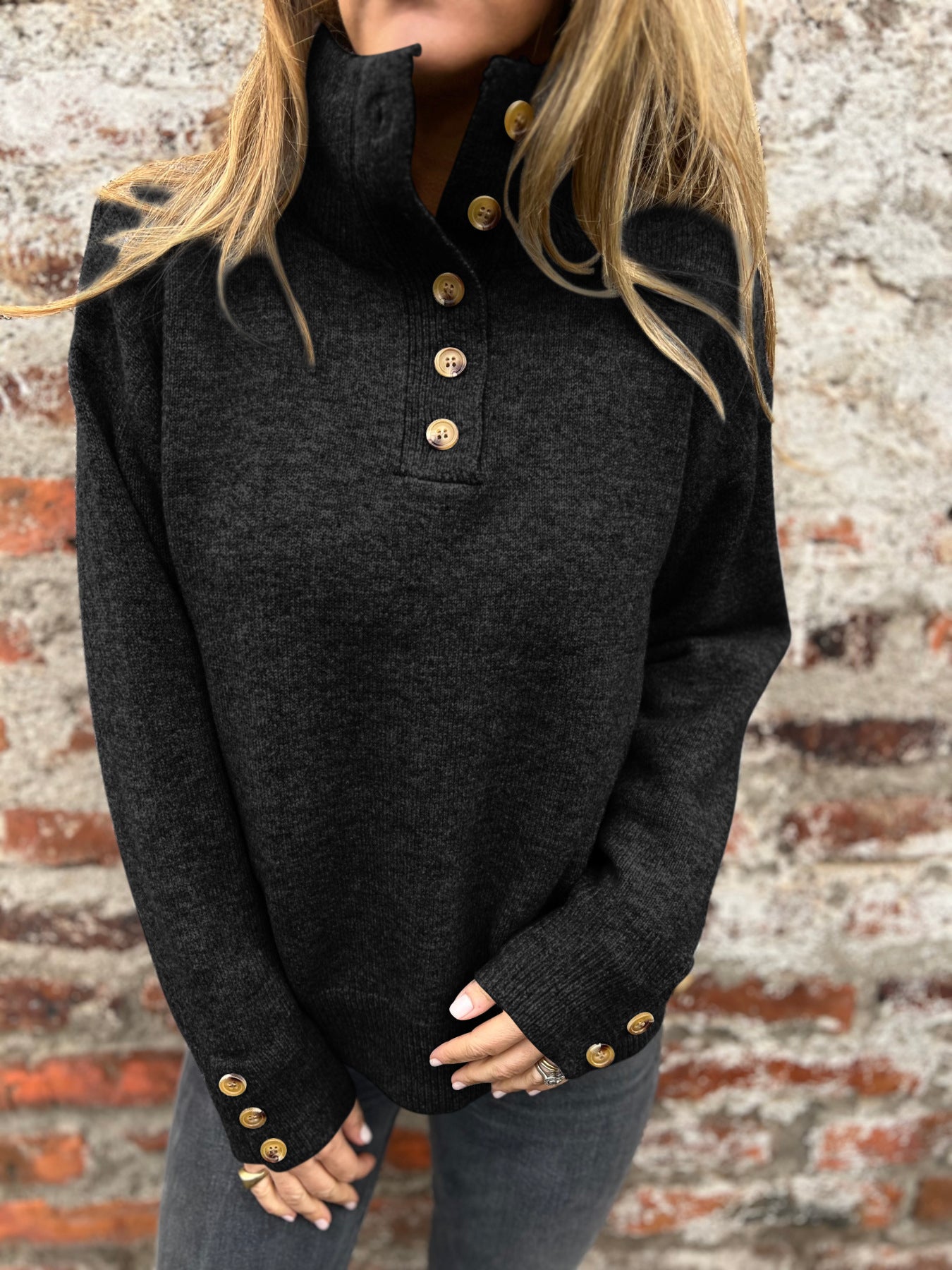 Loose Fit Stand Collar Sweater in Solid Color for Comfort