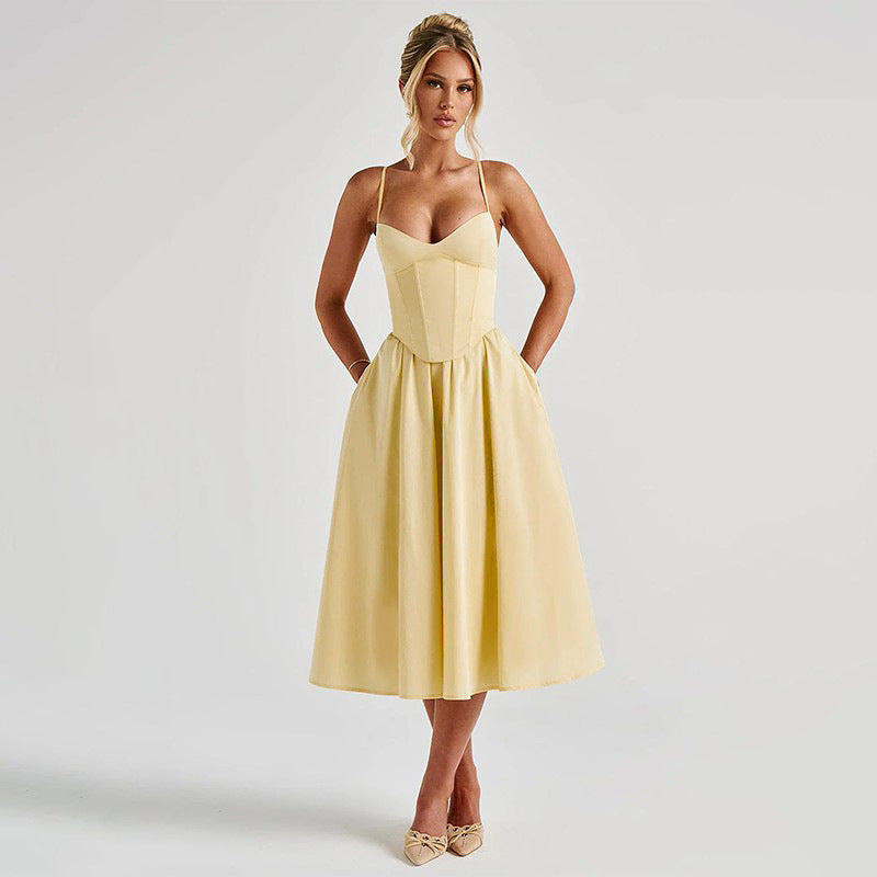 Satin Sweetheart Corset Full-Skirt Midi Dress