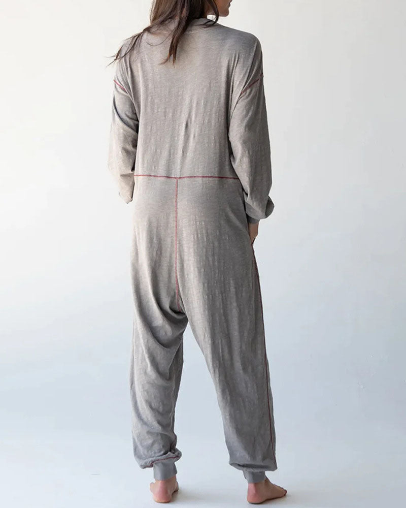V-neck Wide Lapel Loose Drop Crotch Design Jumpsuit - Fashionpara