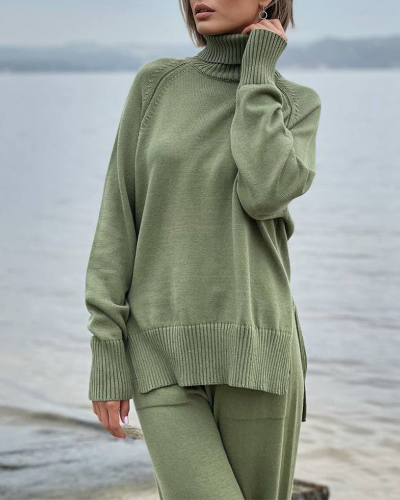 Chic Solid Color Turtleneck Sweater and Trouser Set