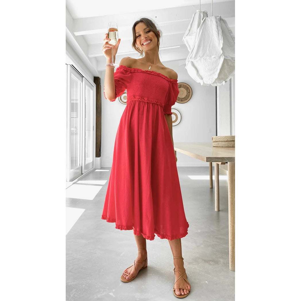 Off Shoulder Smocked Puff Sleeve Ruffle Hem Midi Dress - View 2
