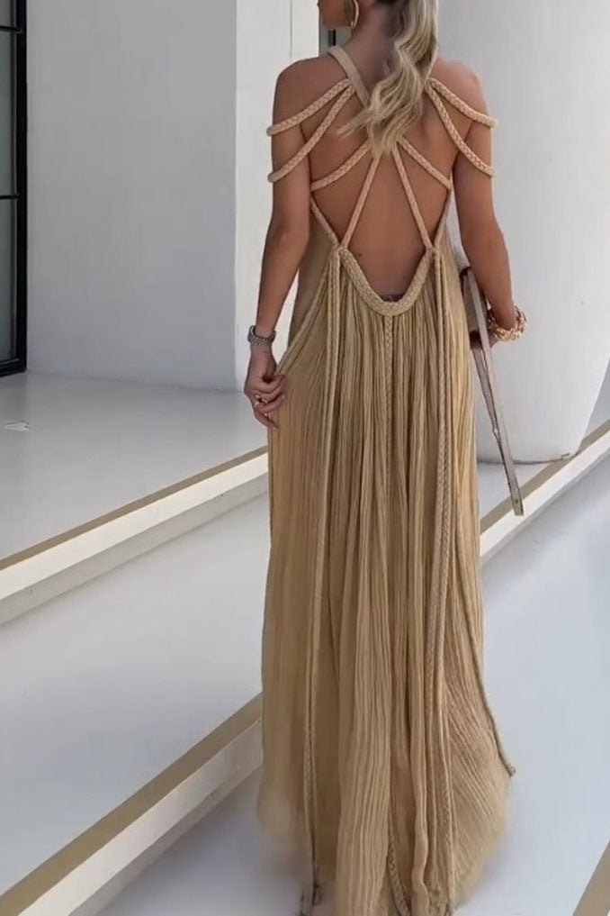 Drawstring Straps Shoulder Mesh Maxi Dress