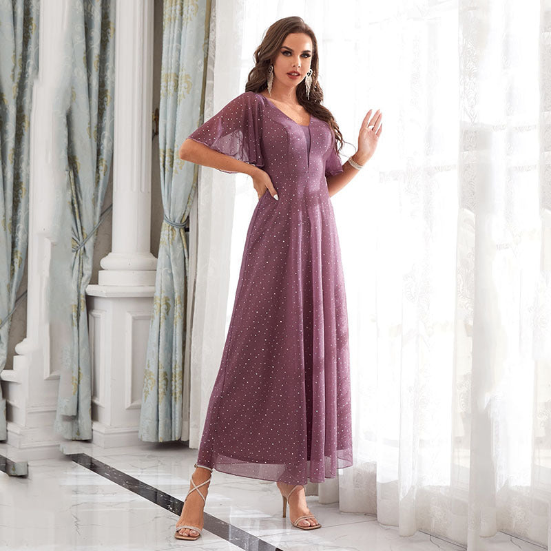 Evening Dress V neck Ruffle Bridesmaid Performance Party Dress - Fashionpara