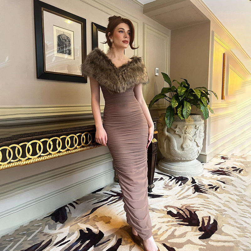 Faux-Fur Stole Off-Shoulder Ruched Bodycon Maxi Dress