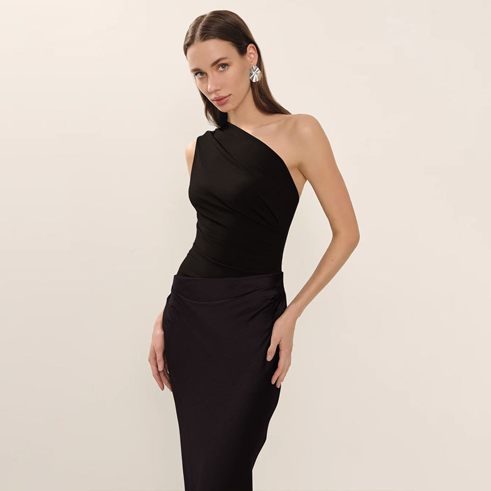 One-Shoulder Ruched Satin Bias Column Maxi Dress 7