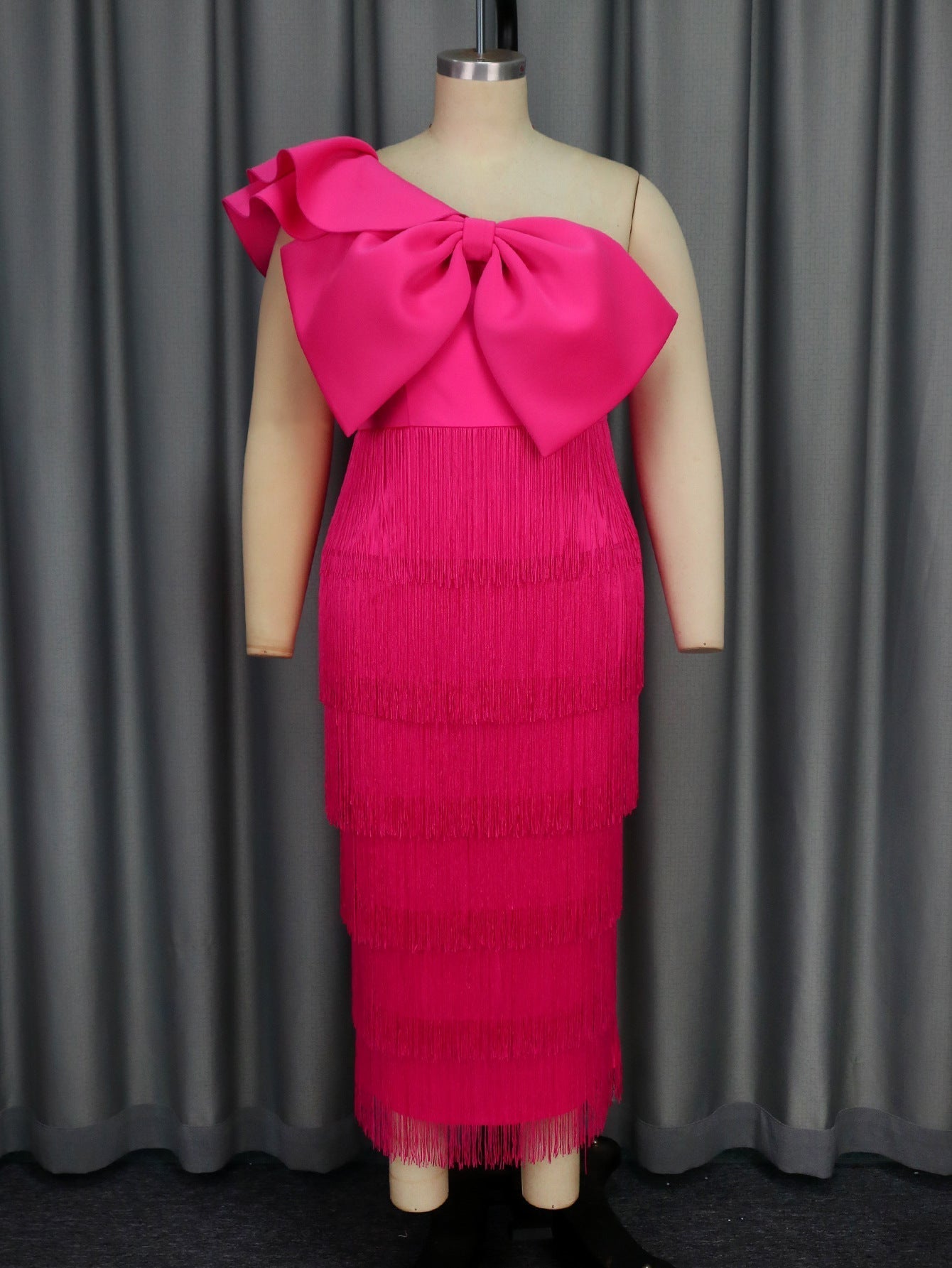 Elegant Solid Color Sheath Tassel Dress Party Cocktail Diagonal Collar Big Bow Dress - Fashionpara