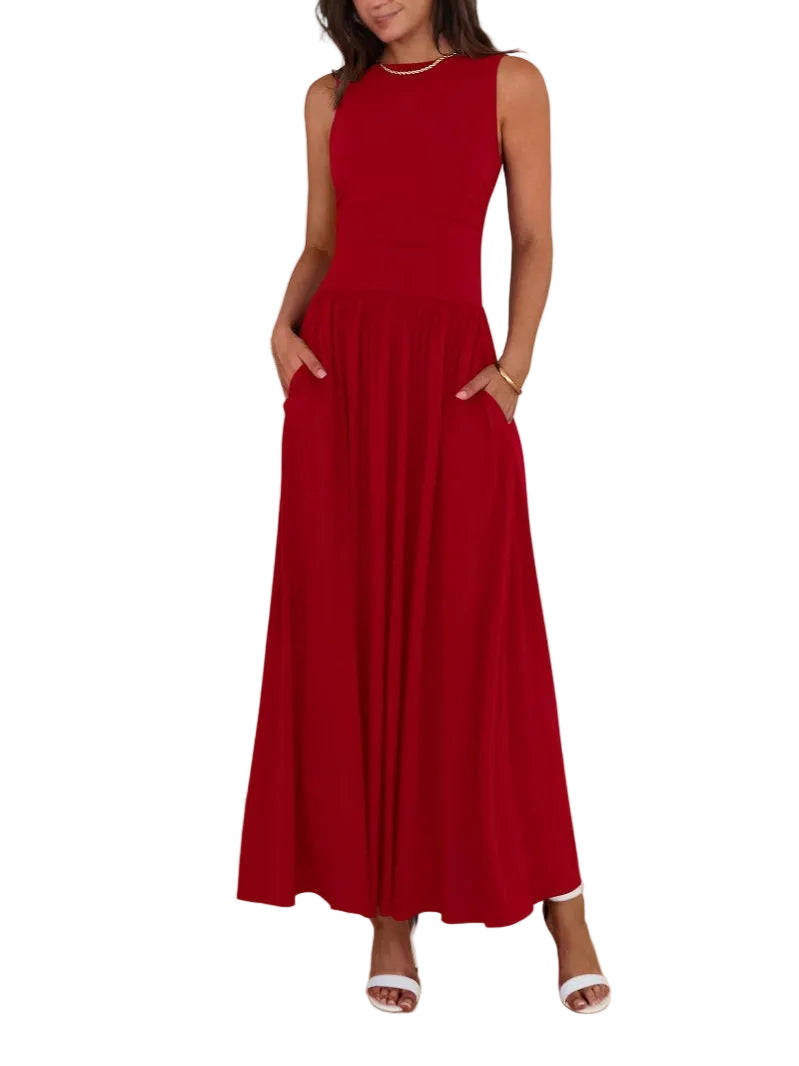 Crew Neck Sleeveless Ruched Waist Fit and Flare Maxi Dress 3
