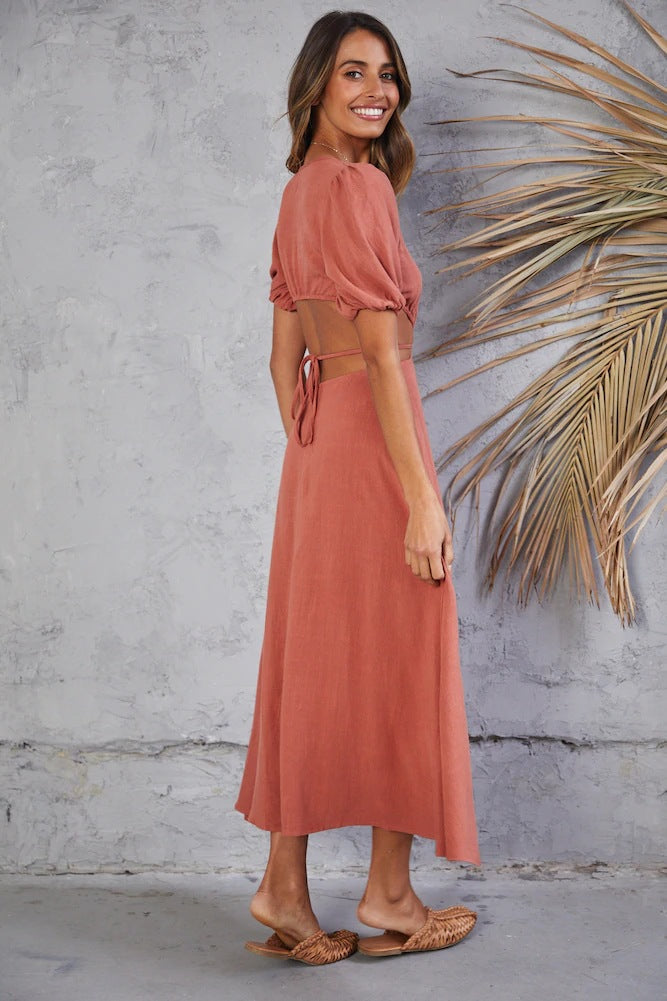 V-Neck Puff Sleeve Cut-Out A-Line Midi Dress