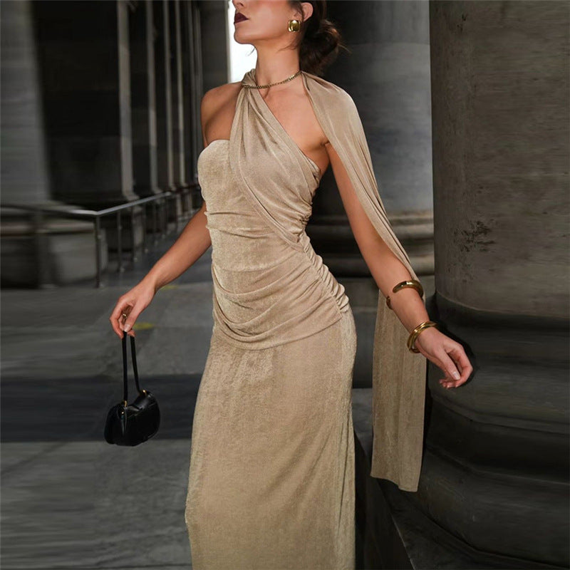 Slim Fit Backless Tube Top Ribbon Halter Pleated Solid Color Maxi Dress Evening Dress - Fashionpara