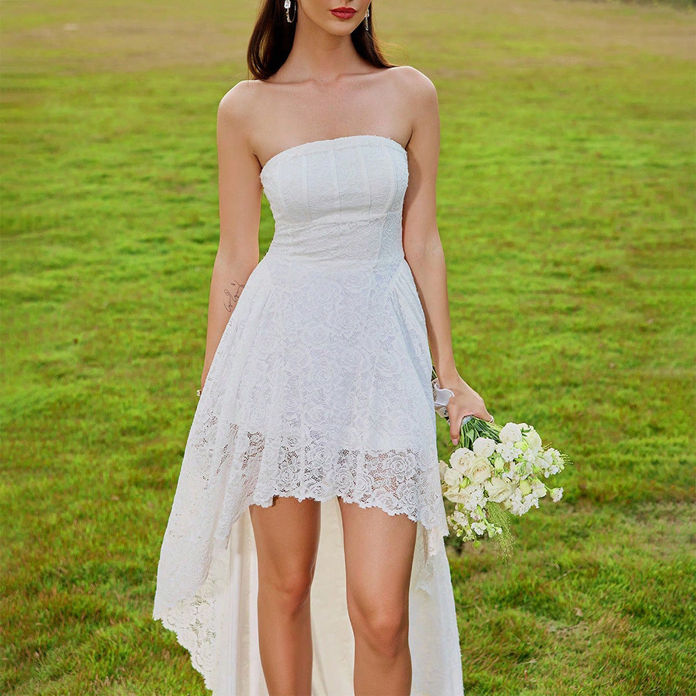 Elegant Casual Dress Tube Top Lace Ruffled Vacation Wedding Dress