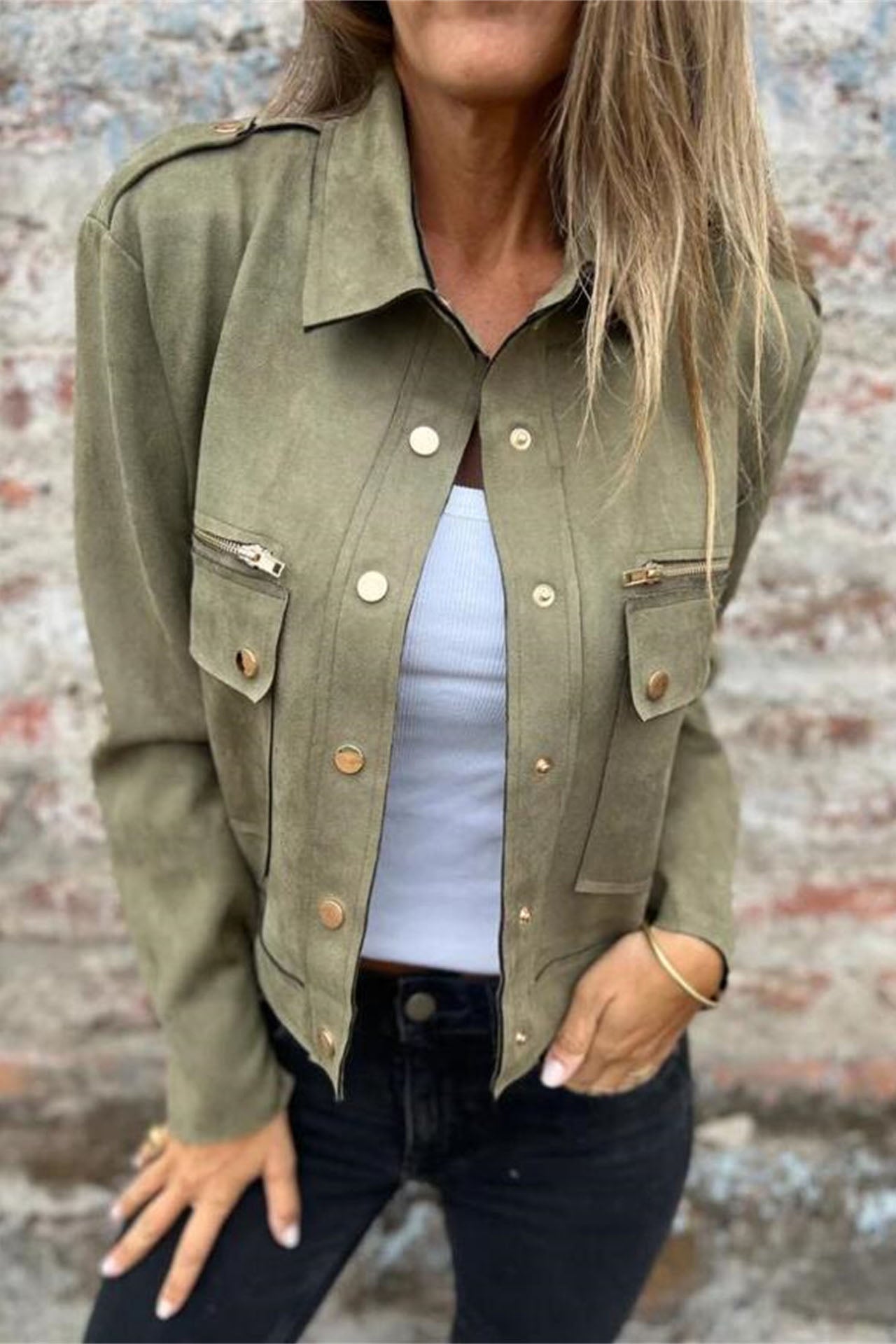 Lapel Long Sleeve Jacket with Metal Zipper for Stylish Comfort