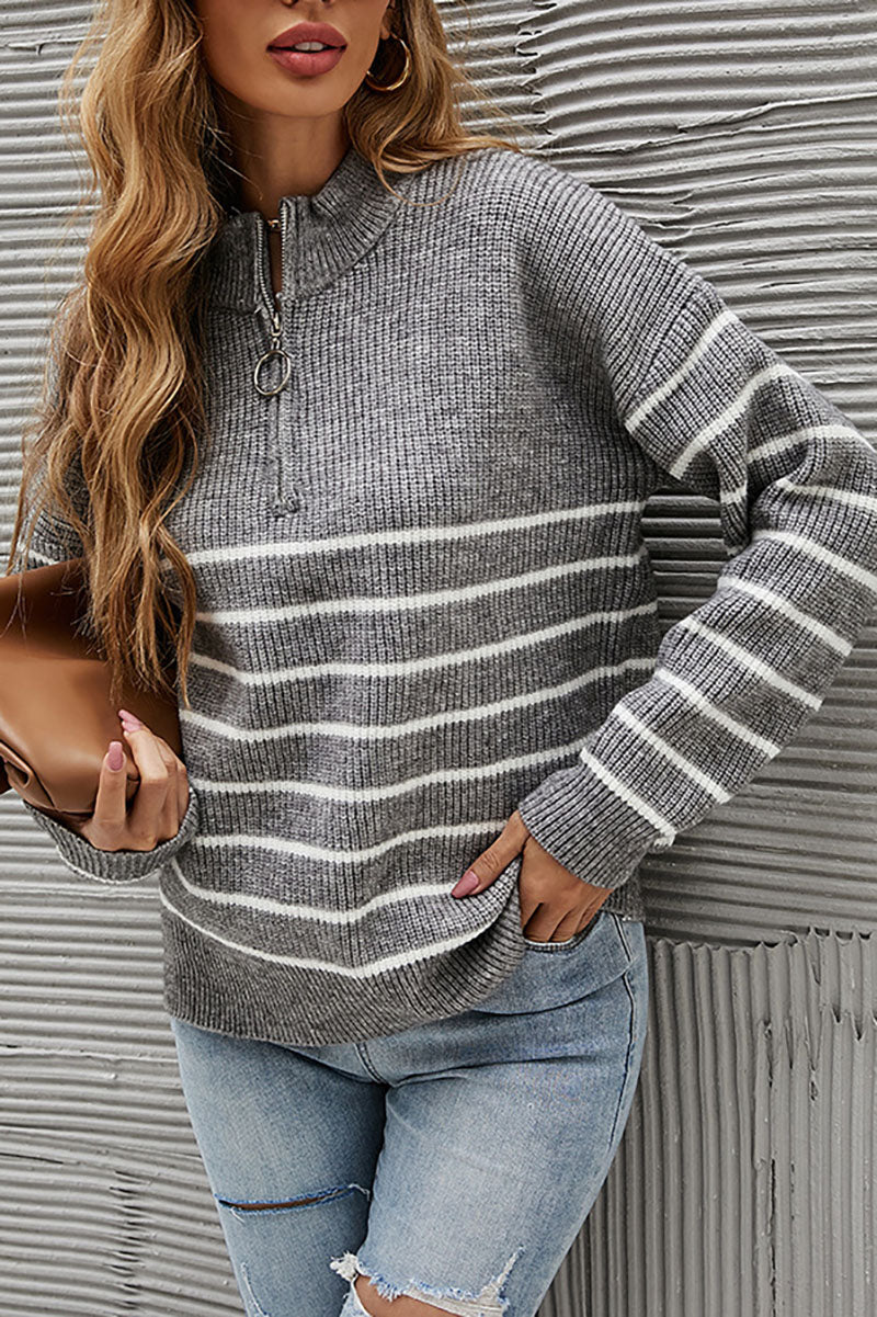 ShoptheCIC Striped Colorblock High Neck Zip Sweater