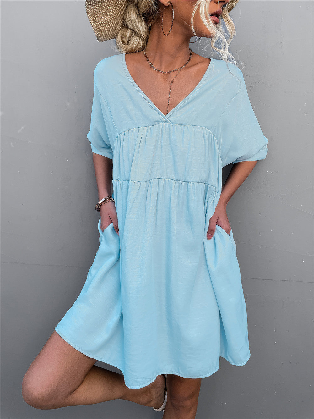 V-Neck Short Sleeve Babydoll Mini Dress