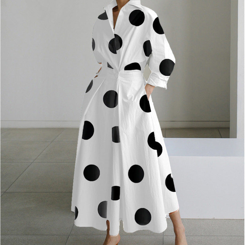 Newspaper Print Collared Long Sleeve Belted Pleated Maxi Shirt Dress 13