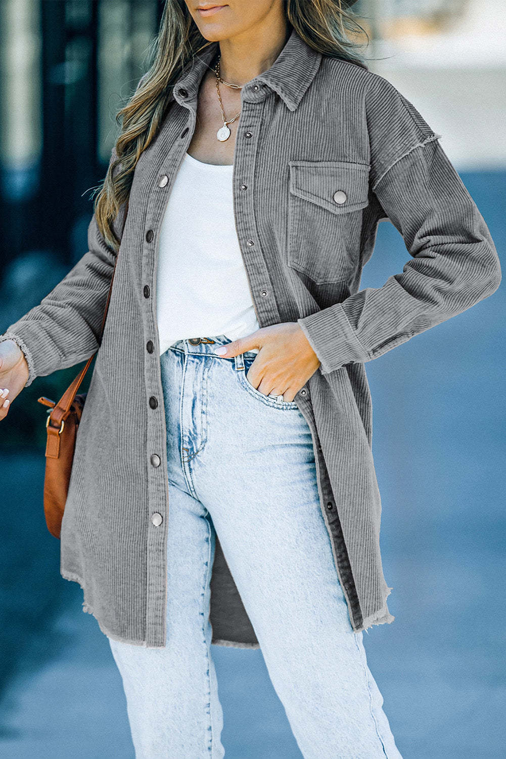 Corduroy Button Oversized Mid-Length Shirt Jacket