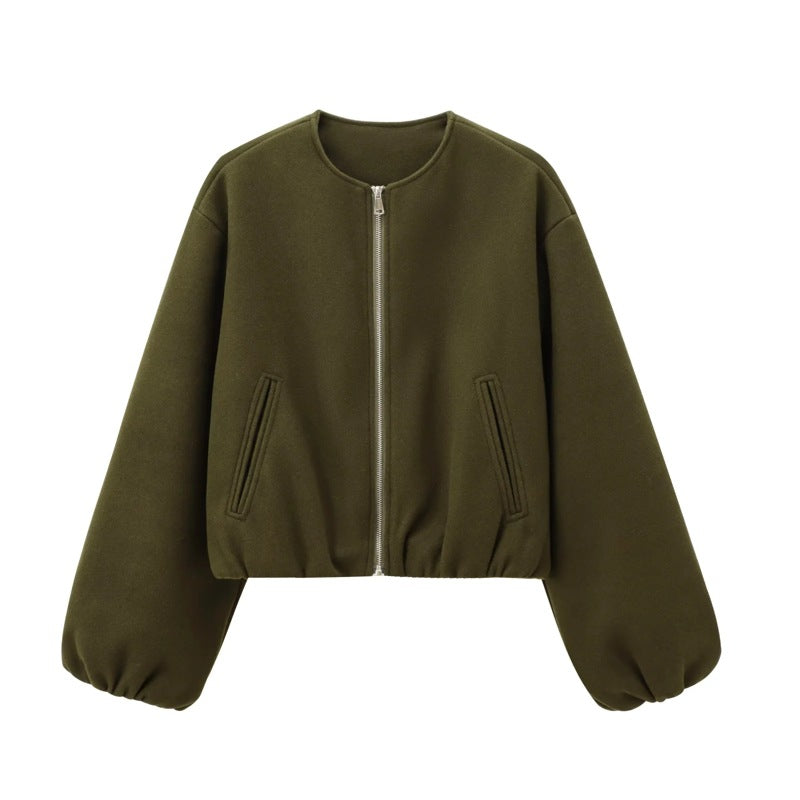 Zip Front Balloon Sleeve Cropped Bomber Jacket 4