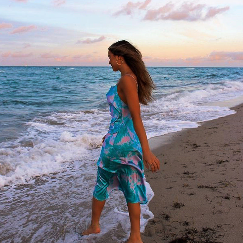 Tie Dye Cowl Neck Spaghetti Strap Ruffle Midi Dress 2