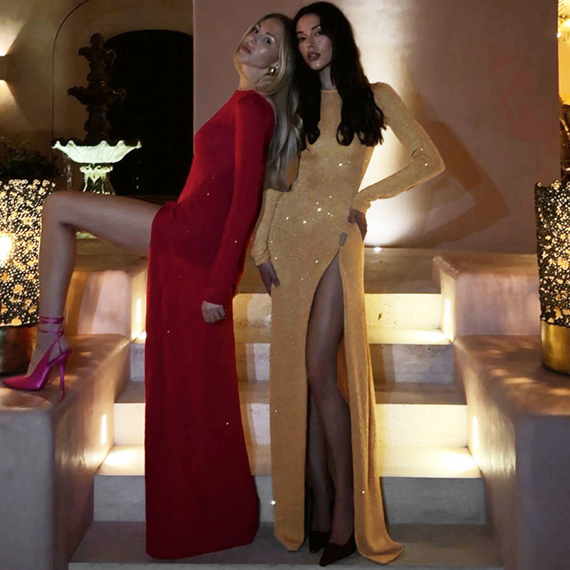 Glitter Long-Sleeve High-Split Bodycon Maxi Dress 2