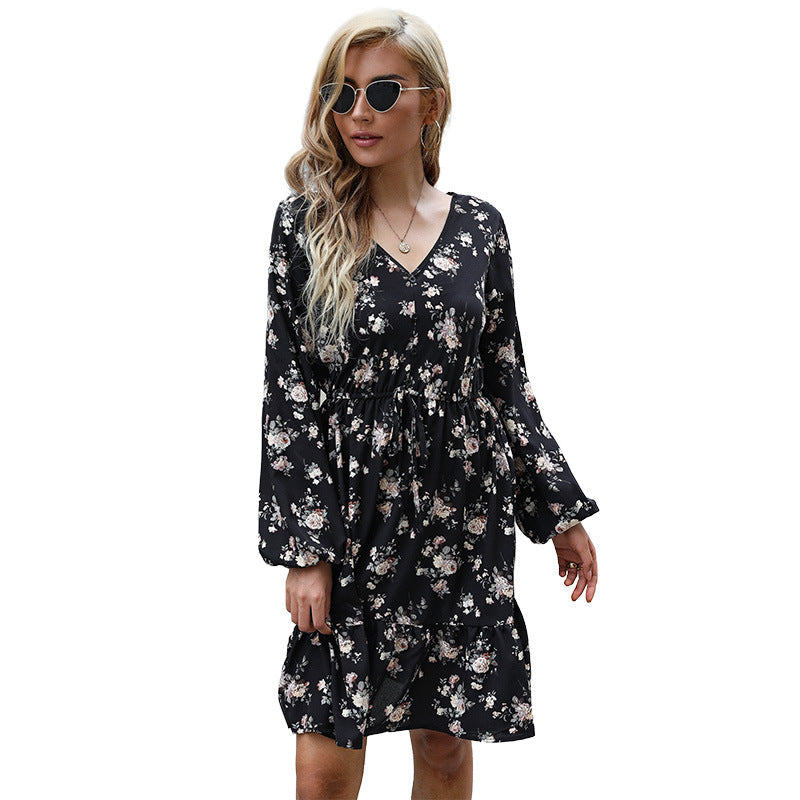 Floral Print V-Neck Long Sleeve Tiered Mini Dress
