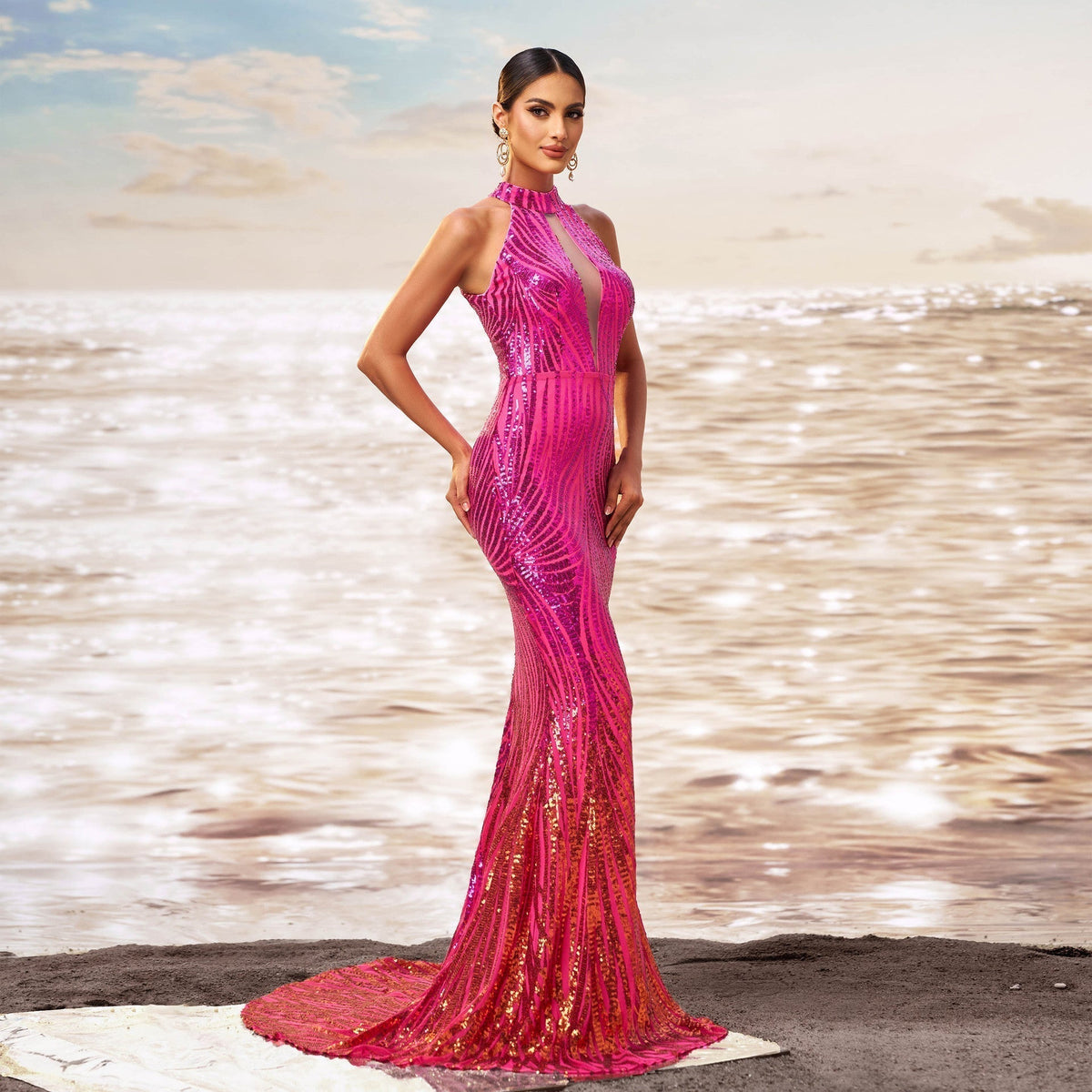 Sequin Halter Neck Keyhole Cut Out Mermaid Flared Hem Formal Gown - View 4