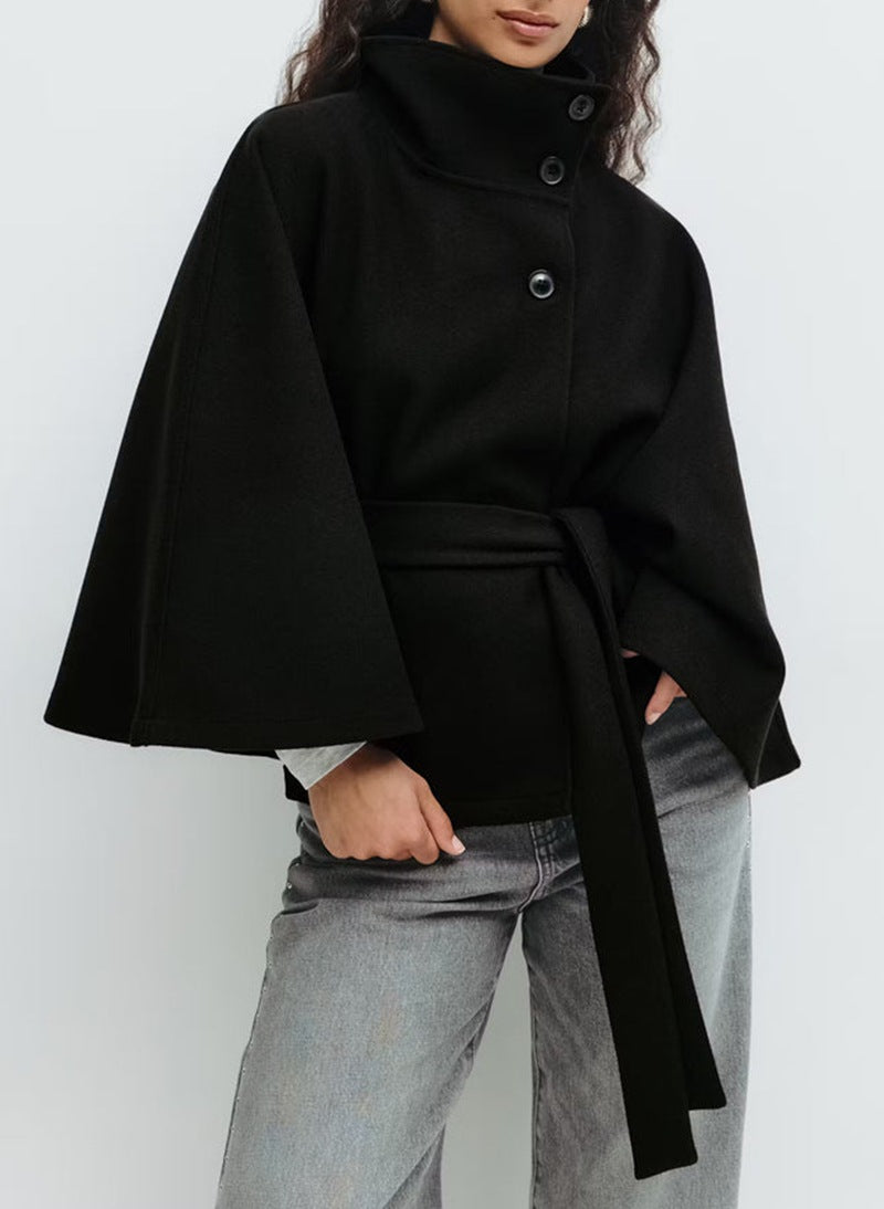 Solid Color Stand Collar Belted Cape Trench Coat for Elegance