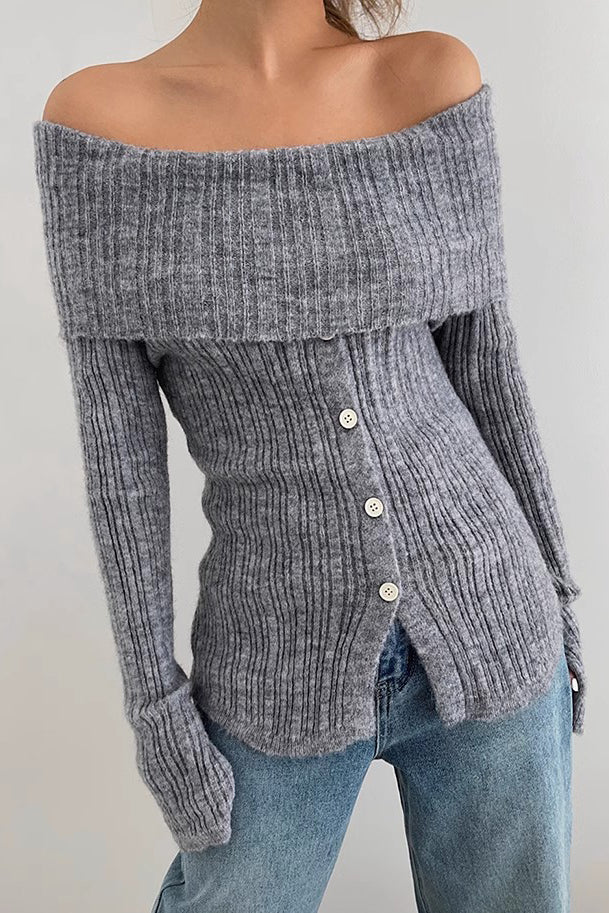 Off Shoulder Ruched Sweater with Buttoned Front Detail